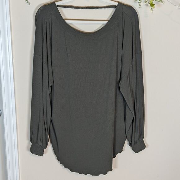 Free People Shimmy Shake Army Green Open Back Twist Lace Trim Long Sleeve Top - Picture 9 of 13